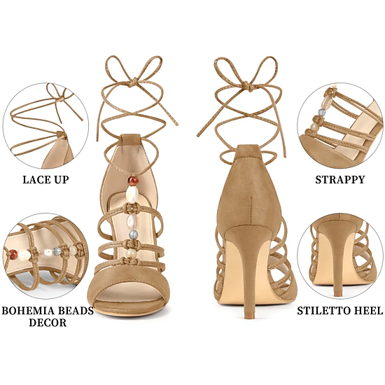 BLISSFUL STEP Women's Lace Up Strappy Stiletto Heel Sandals