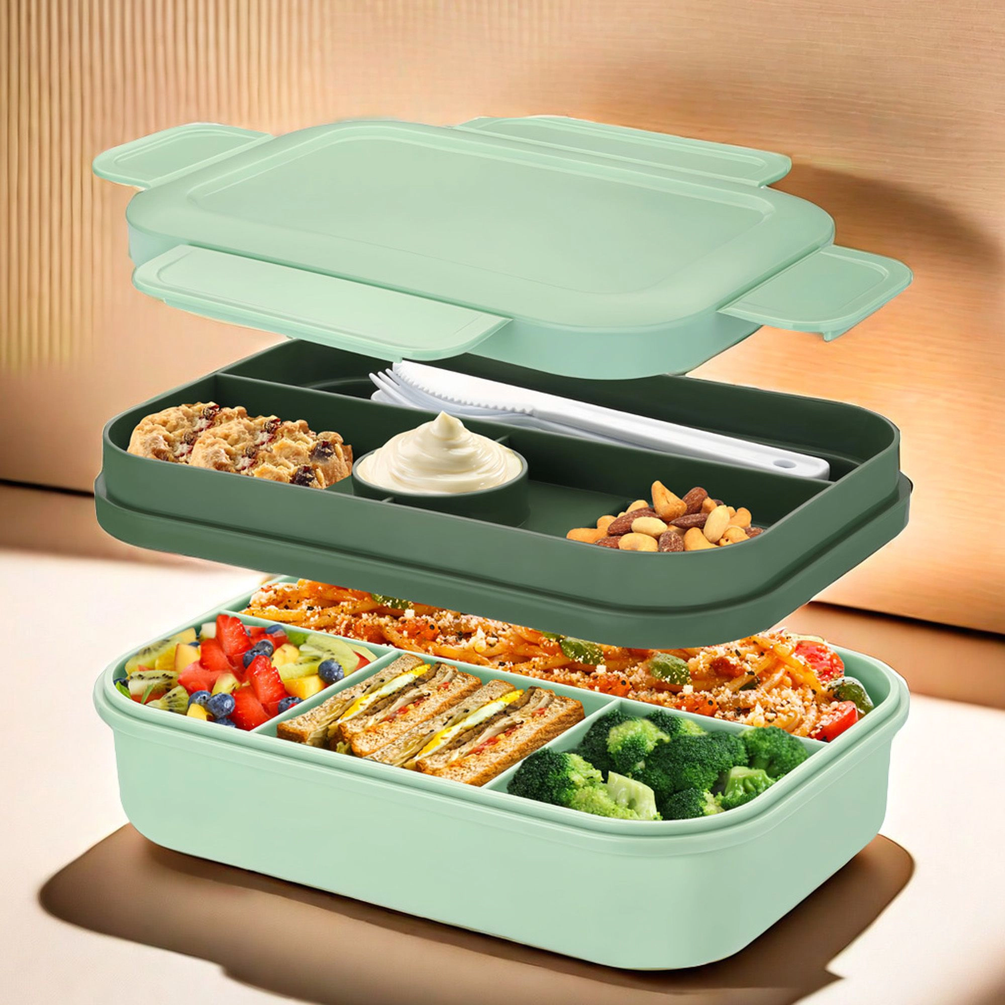 Alilang Women Bento Lunch Box Plastic Food Container with Compartments Leak Resistant Lid Meal Prep Storage 9.3x3x6.4