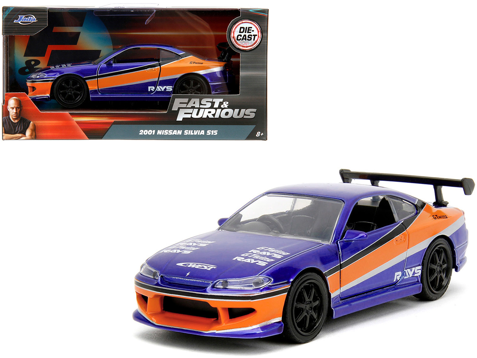 Jada 2001 Nissan Silvia S15 RHD (Right Hand Drive) Blue Metallic with Graphics "The Fast and the Furious
