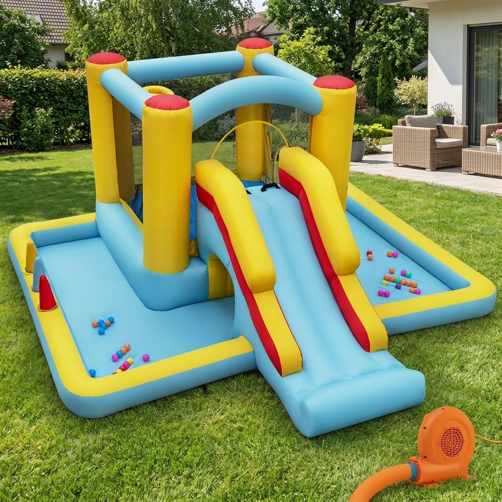 7-in-1 Inflatable Bounce House Bouncy Castle with Slide Crawl Tunnel Ball Pit 50 Ocean Balls and 550W Blower