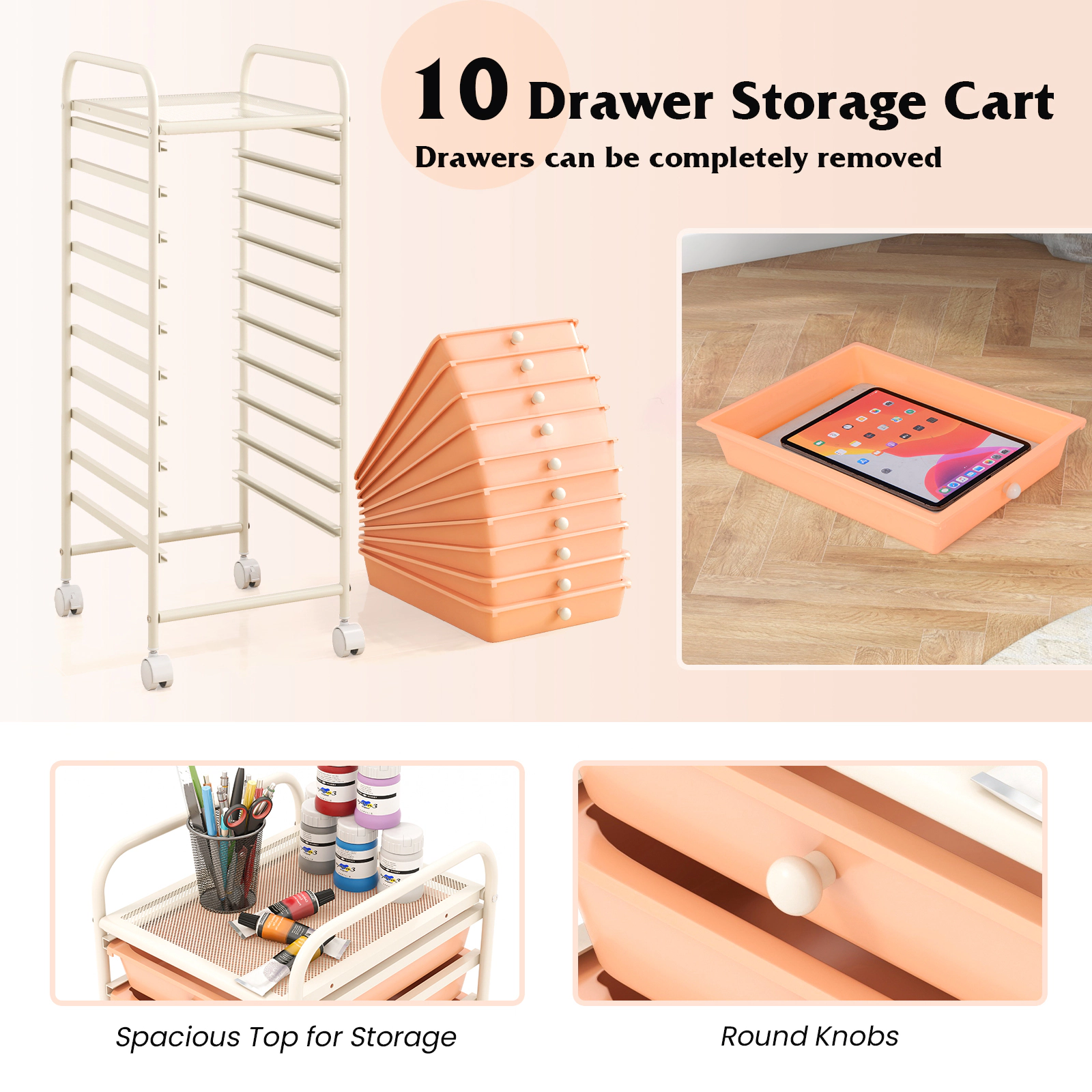 SUGIFT Cherry 34-in 10-Drawer Rolling Storage Cart Household Organizer for Batteries and First Aid
