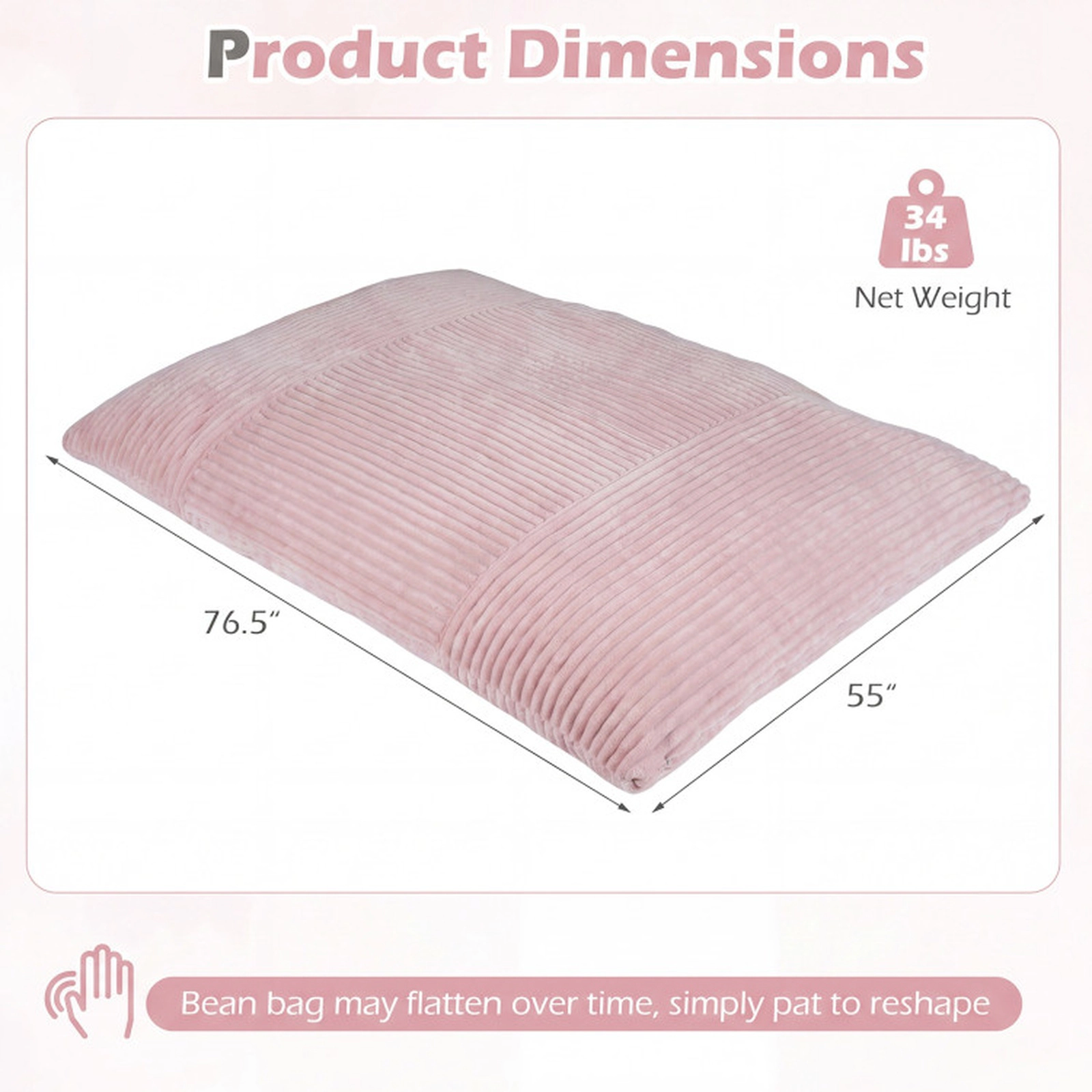 SUGIFT Pink Corduroy Convertible Bean Bag Sofa Bed, 76.5 in
