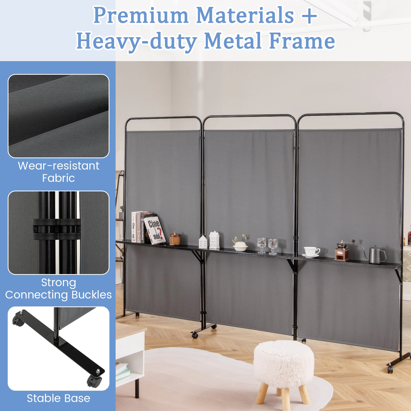 SUGIFT 3-Panel Freestanding 3 Metal Shelves Rolling Room Divider Screen 103-in x 18-in x 74-in 30-in Shelf Height Gray