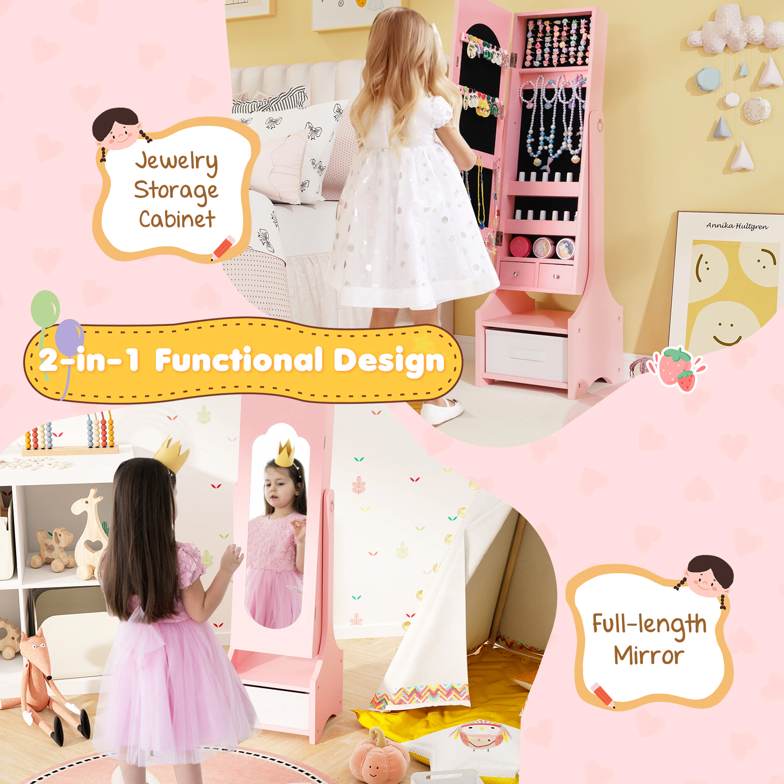SUGIFT Kids Full-Length Mirror 2 Tilt Angles 64 Ring Slots Jewelry Armoire Cabinet 12.5-in x 12-in x 41.5-in Pink