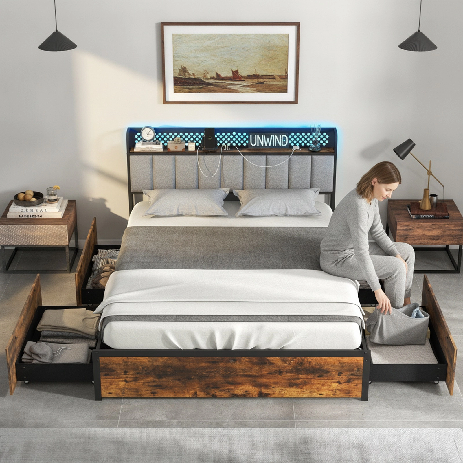 SUGIFT Full Size Storage Bed with 4 Drawers, LED Headboard, Rustic Brown