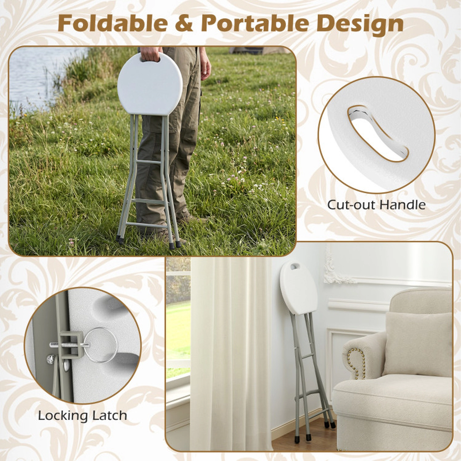SUGIFT 28-In Portable Folding Stool Patio Dining Chair 330-Lb Capacity with Footrest 28-In Tall Set of 1 White