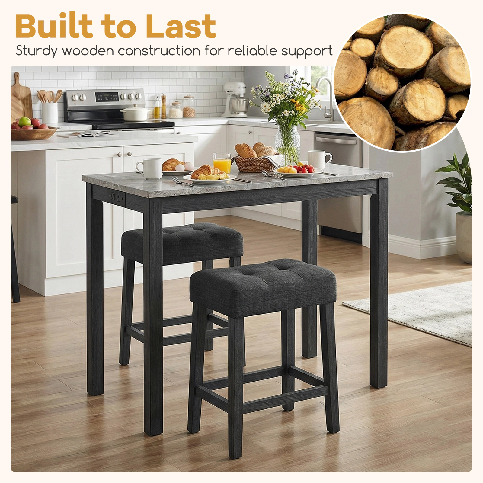 SUGIFT 3-Piece Counter-Height Bar Set with Faux Marble Top, Charging Station and Tufted Stools
