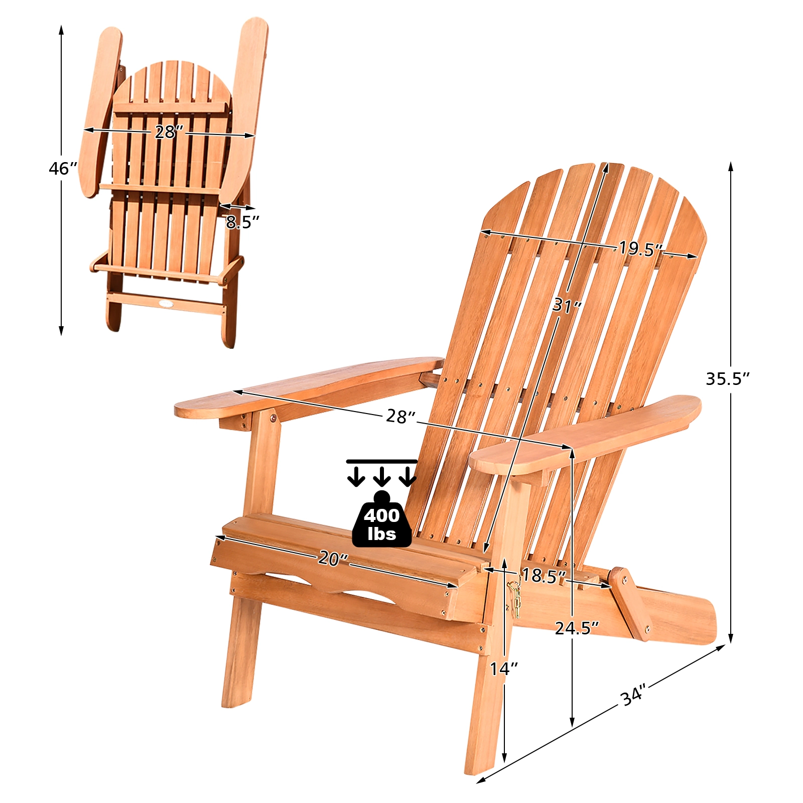 SUGIFT Natural Slatted Seat Folding Acacia Wood Oversized Adirondack Chair