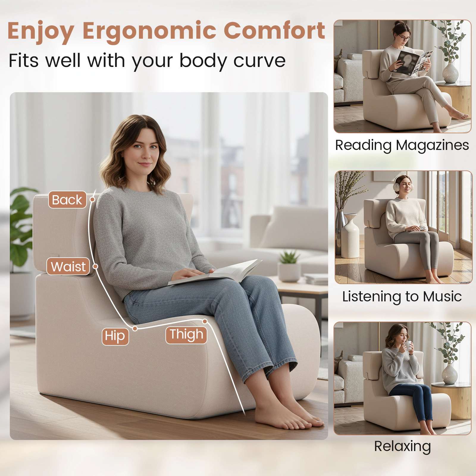 SUGIFT 350-lb Capacity Beige Ice Velvet Boneless Floor Chair Lazy Sofa with Detachable Headrest