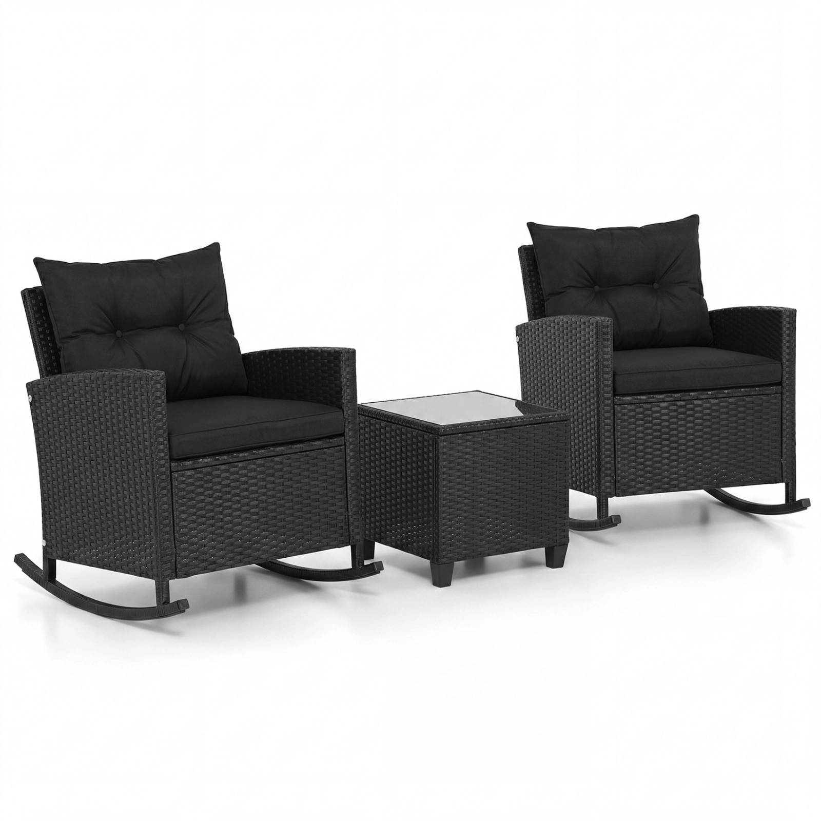 SUGIFT 3-Piece Patio Rattan Rocker Conversation Set Tempered Glass Table & Soft Cushions 400-Lb Capacity Black & Brown