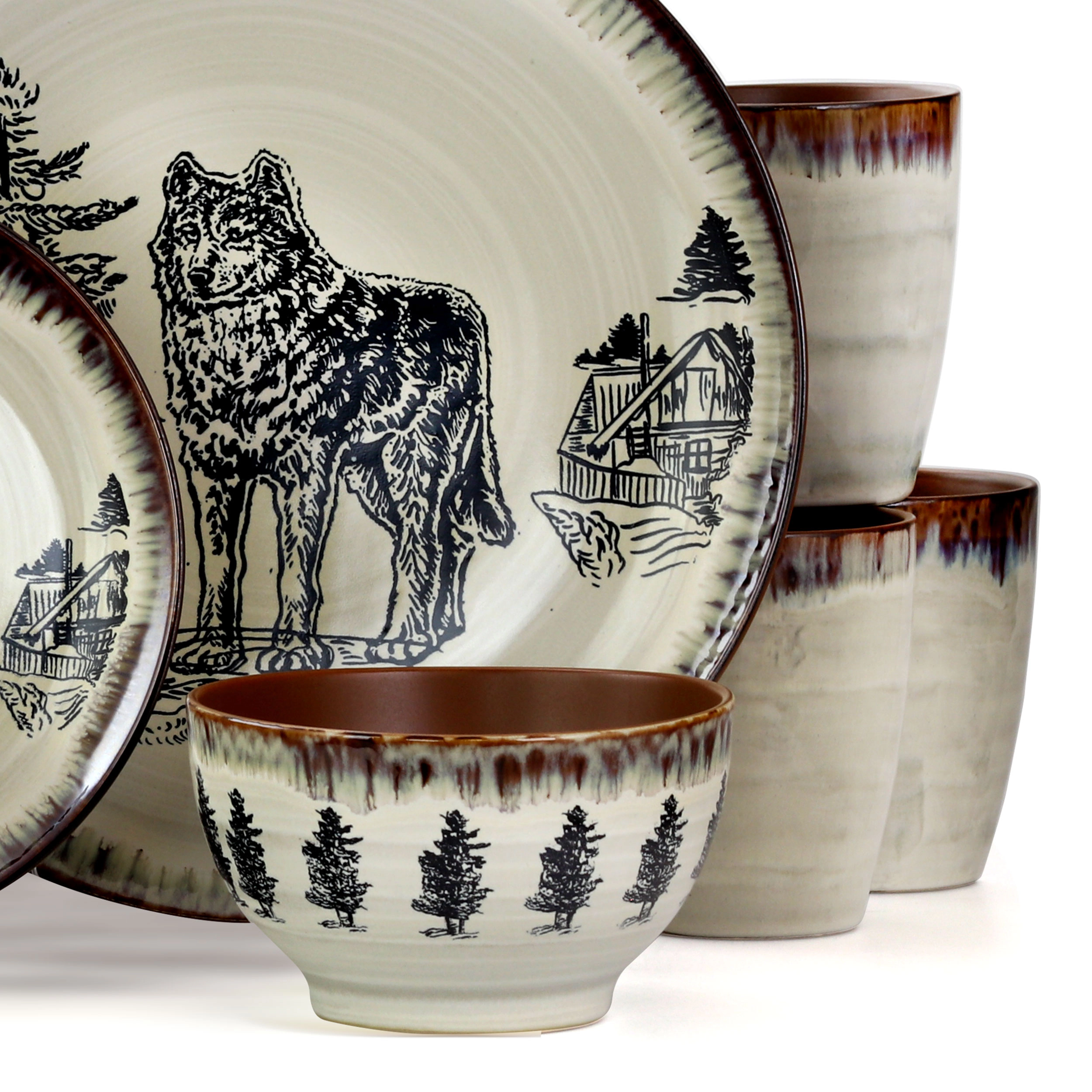 Elama Majestic Elk 16 Piece Luxurious Stoneware Dinnerware with Complete Setting for 4