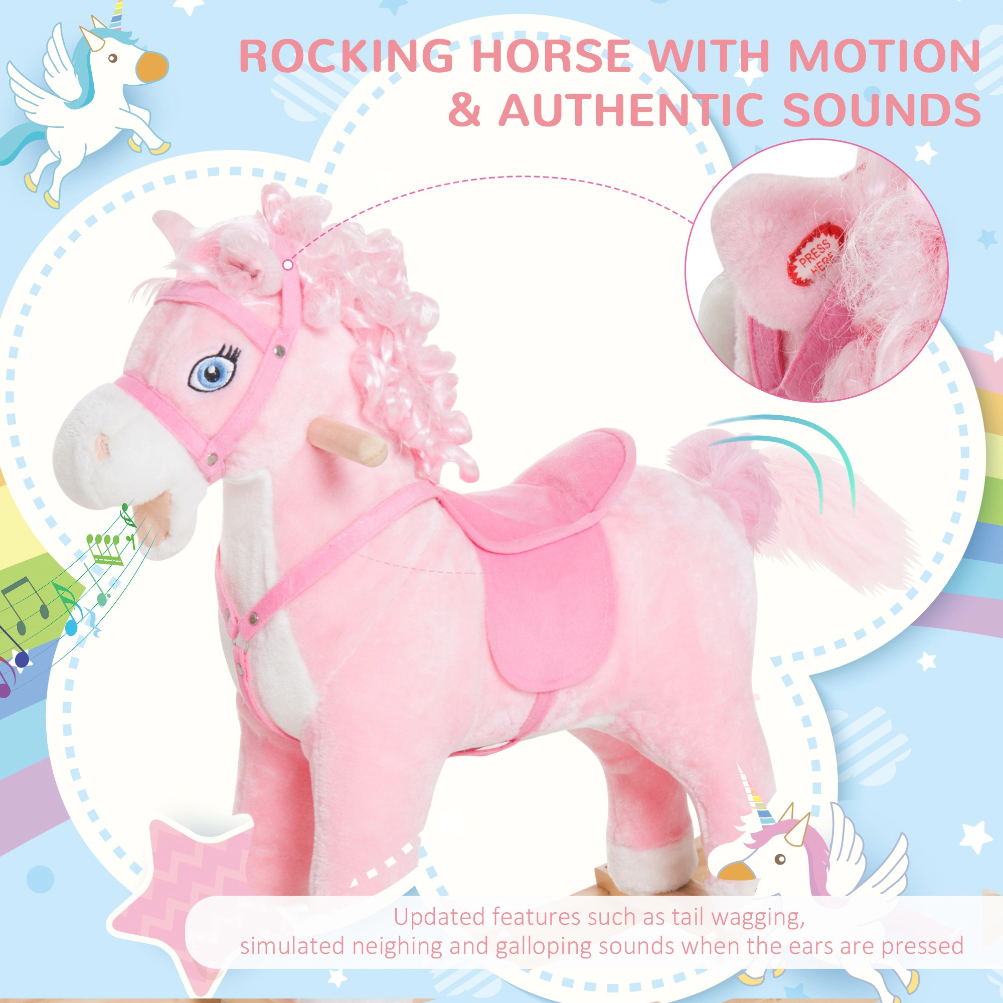 HONGGE Plush Pink Pony Rocking Horse Toy with Neighing Sounds & Long Hair, Holds up to 88 lbs, Ages 3+
