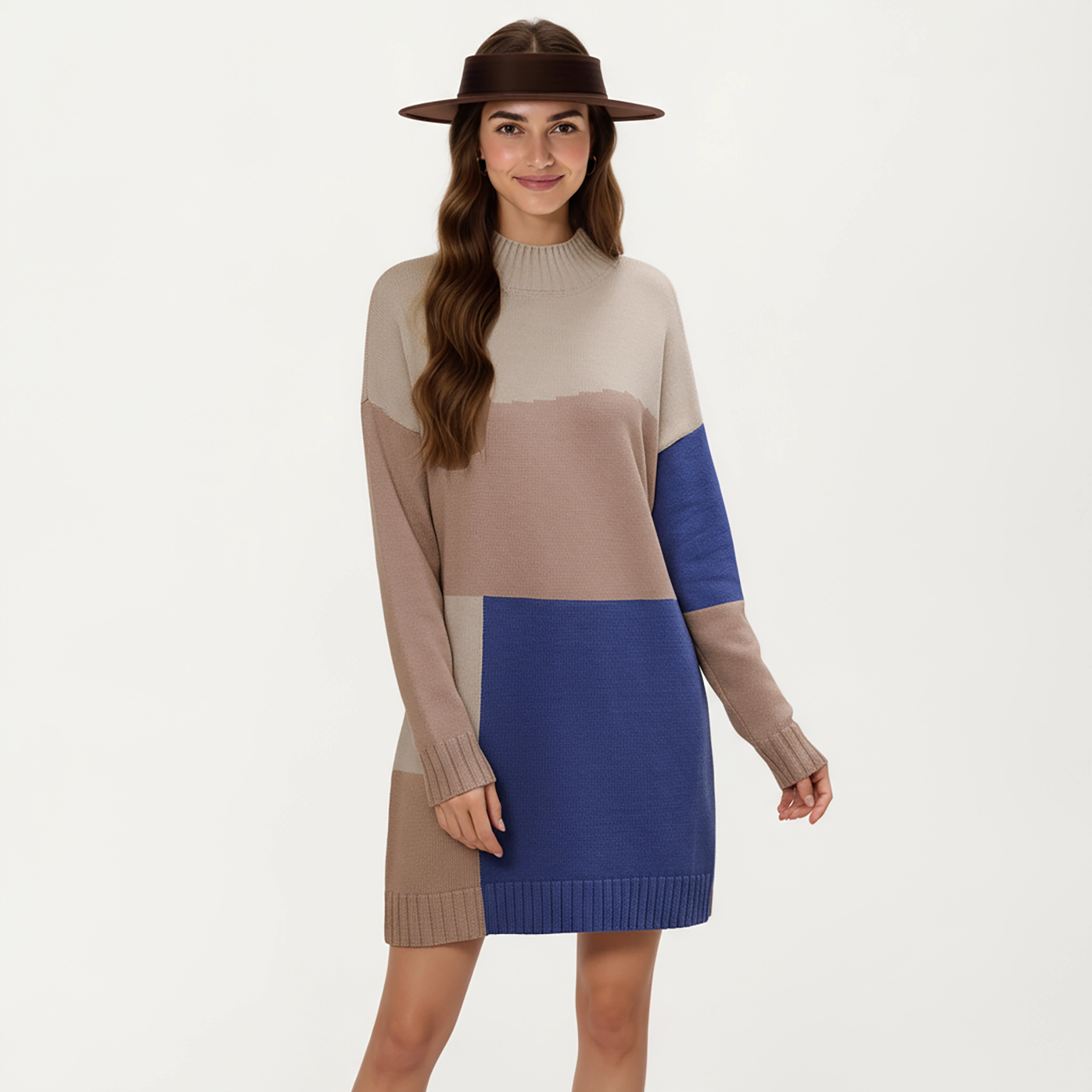 Anna-Kaci Women's Colorblock Knit Long Sleeves Ribbed Edges Straight Sweater Dress