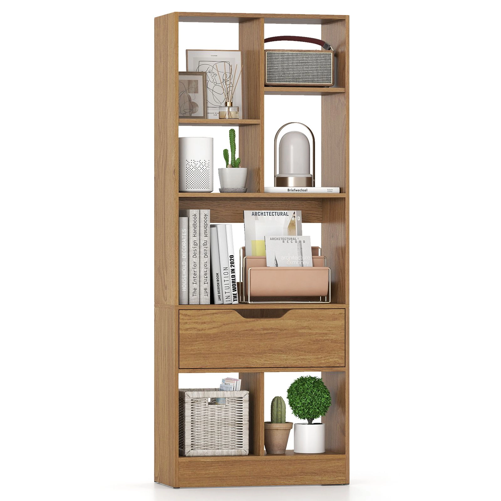 SlickBlue Freestanding Bookcase With 7 Cubby Shelves and Drawer