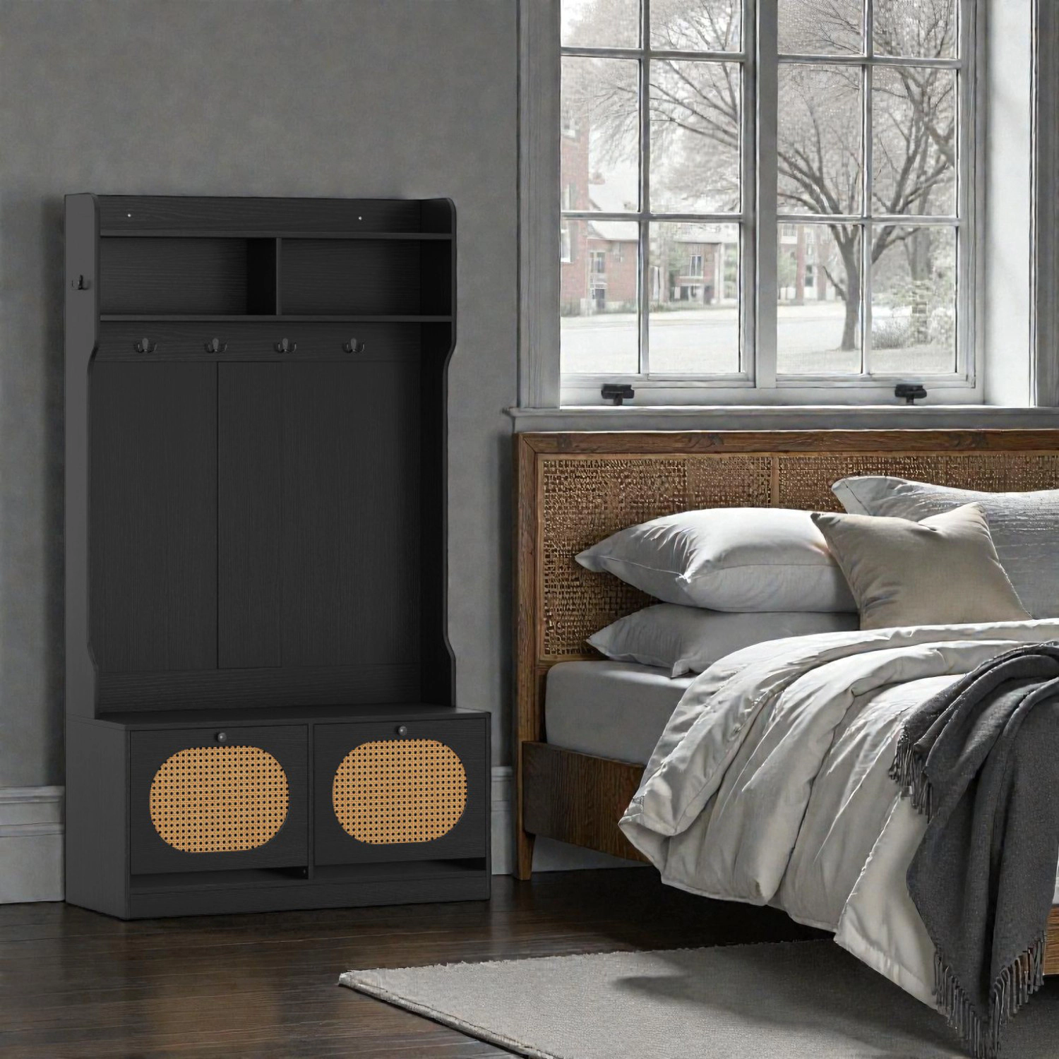 Hivvago Entryway Storage Hall Tree with Coat Hooks and Flip-Top Drawers