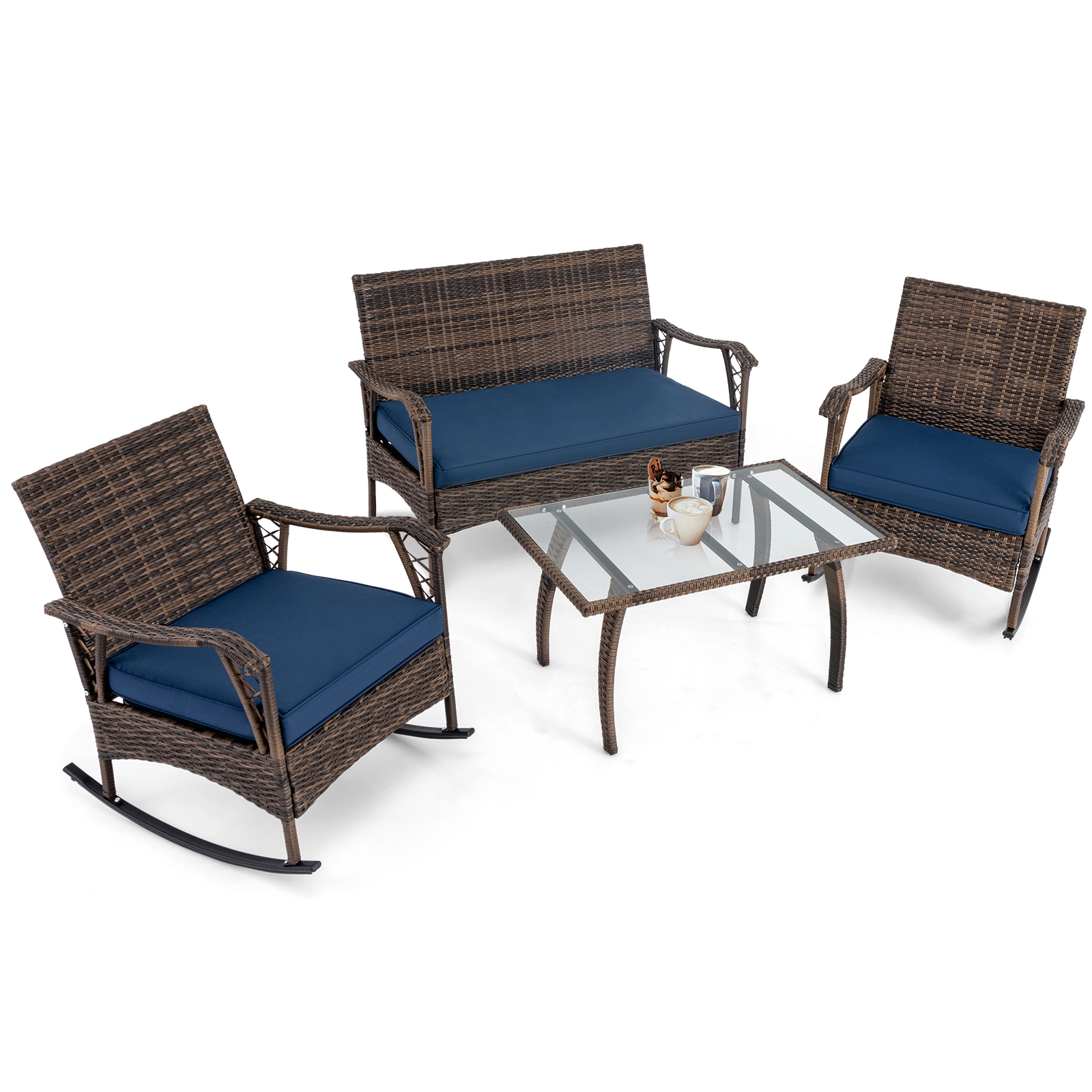 LJG 4 Pieces Wicker Rocking Set with Bungee Rope Seat for Porch Yard