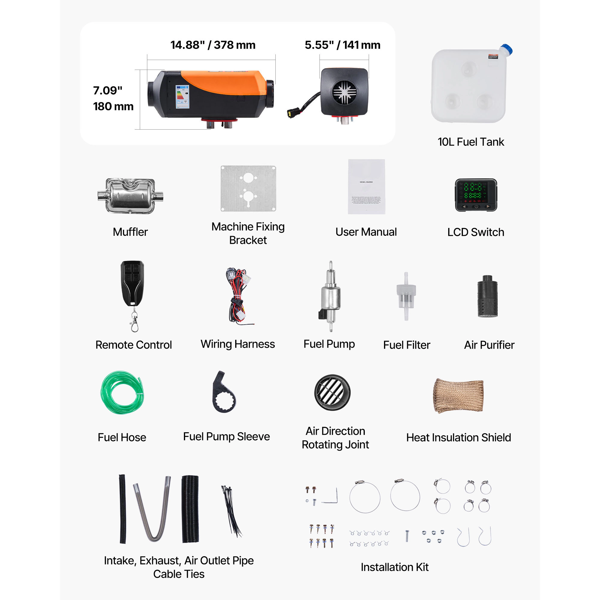 HONGGE Diesel Air Heater 8 kW DC12- 24V Fast Heating Parking with Remote Control and LCD Switch Low Noise