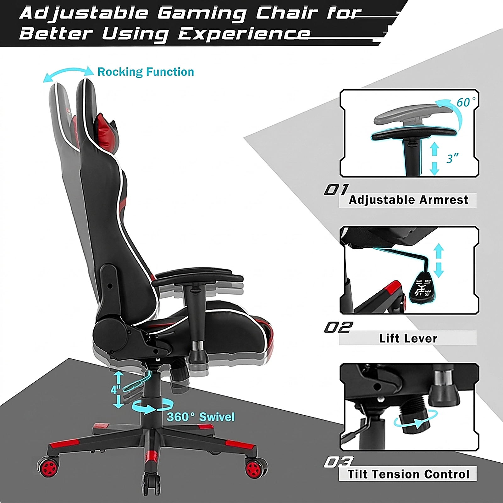 SUGIFT Reclining Swivel Massage Gaming Chair with Lumbar Support 330-lb Capacity 29 x 29 x 50-54 in Frame Red