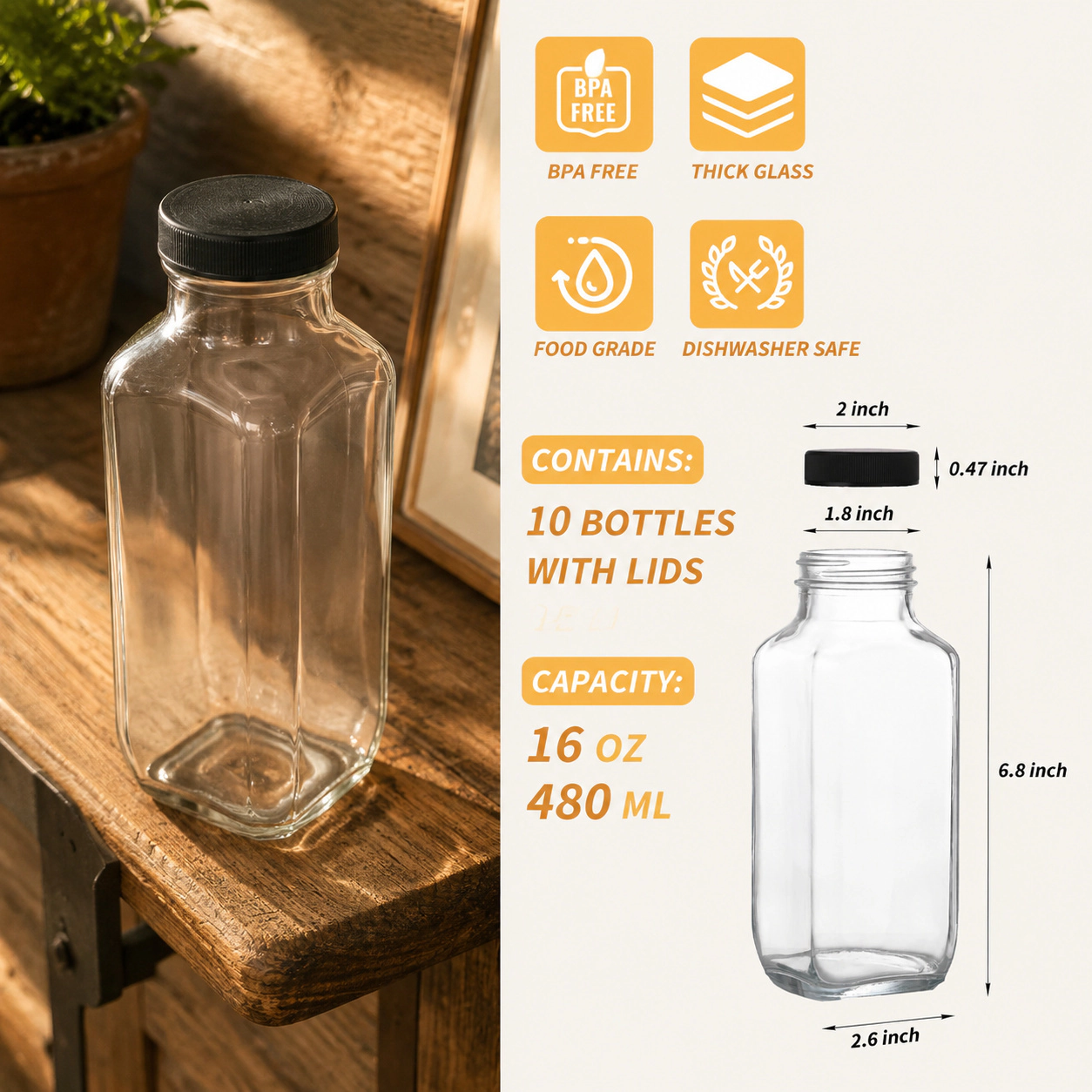 WZK 10-Pack Reusable Airtight Lids Glass Juice Bottles