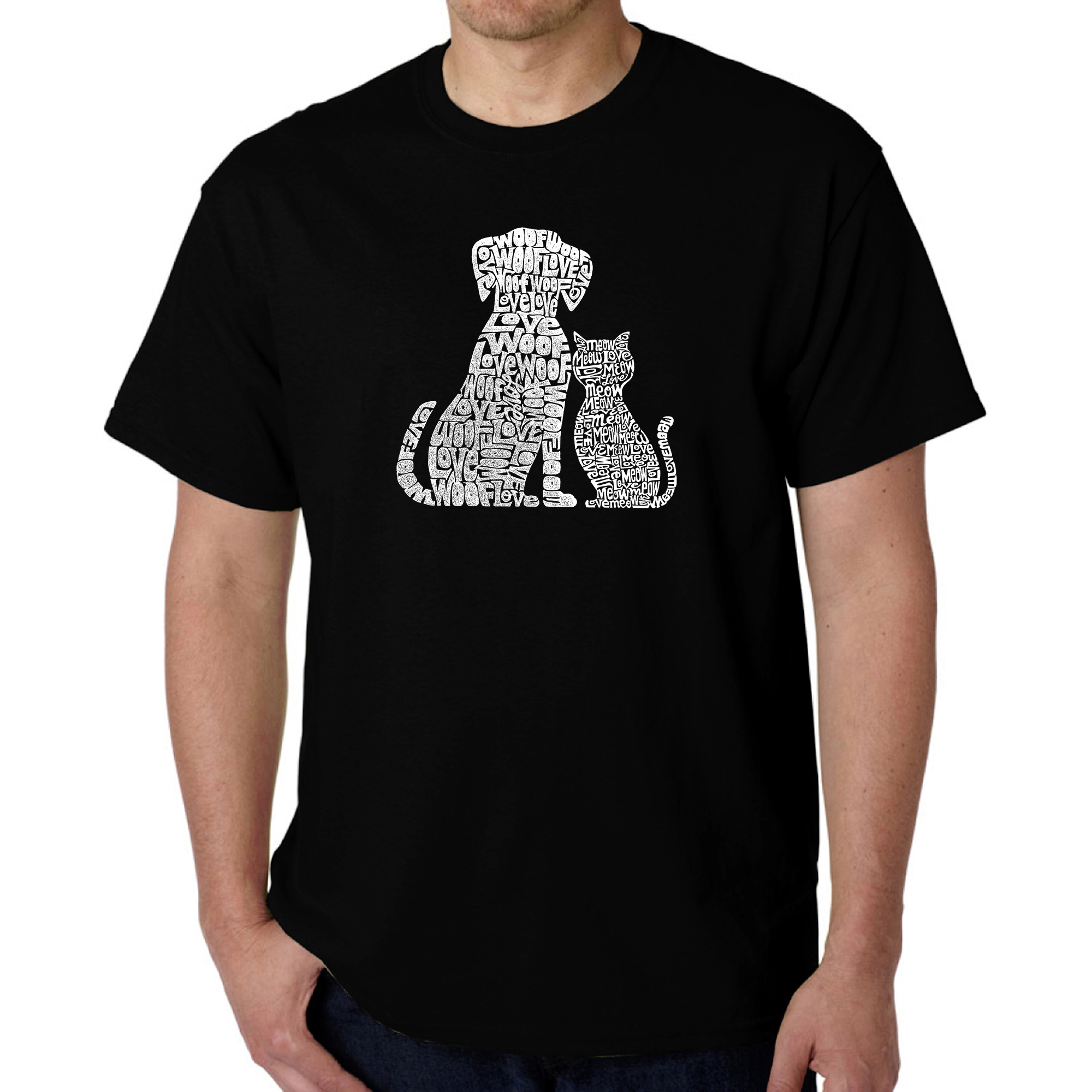 LA Pop Art Men's Word T-Shirt - Dogs and Cats, 100% Cotton, Crew Neck, Short Sleeve, Regular Fit, Made Honduras