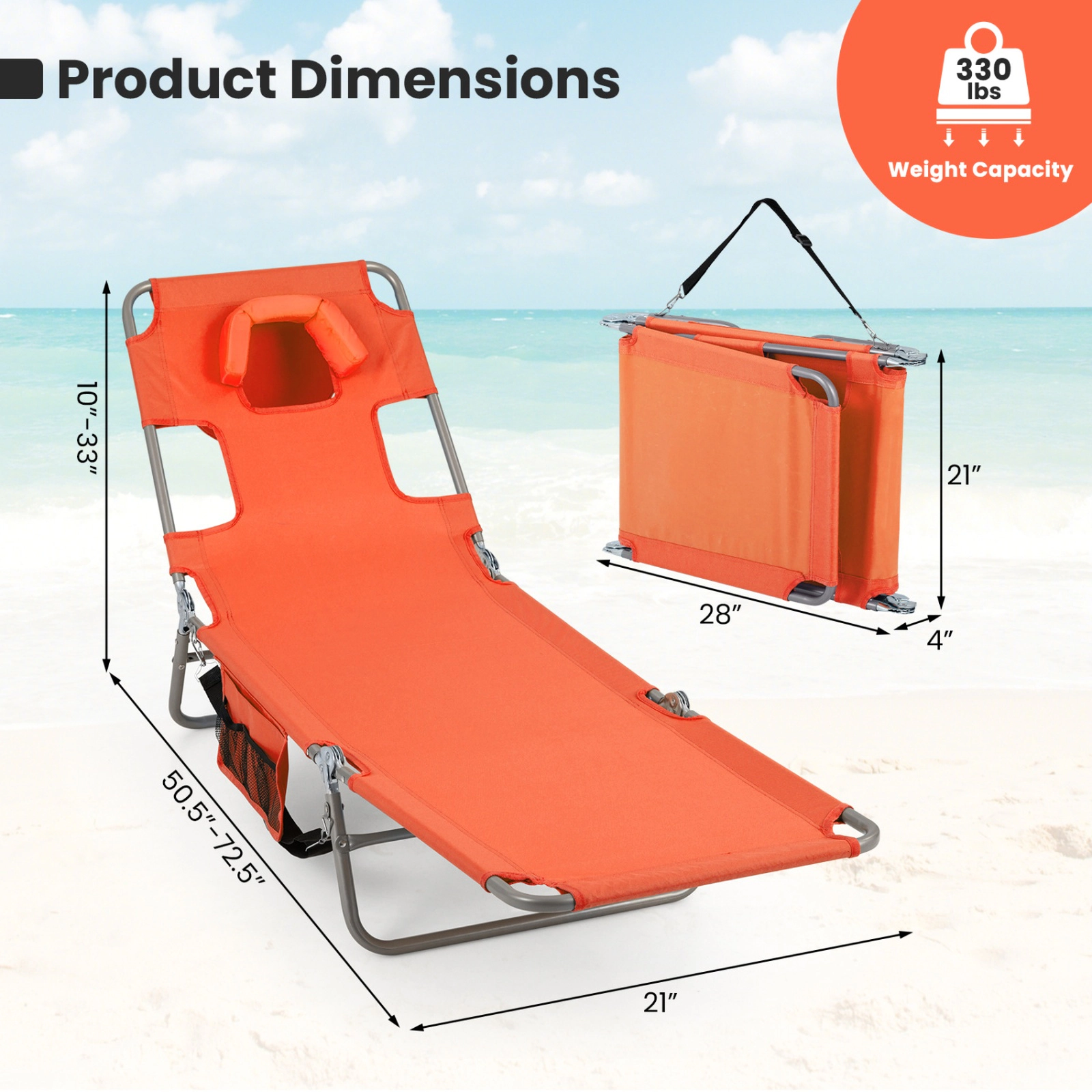 SUGIFT Folding Beach Lounge Chair with Adjustable 5-Position Backrest 330-Lb Capacity 72.5-in Lounge Length Orange