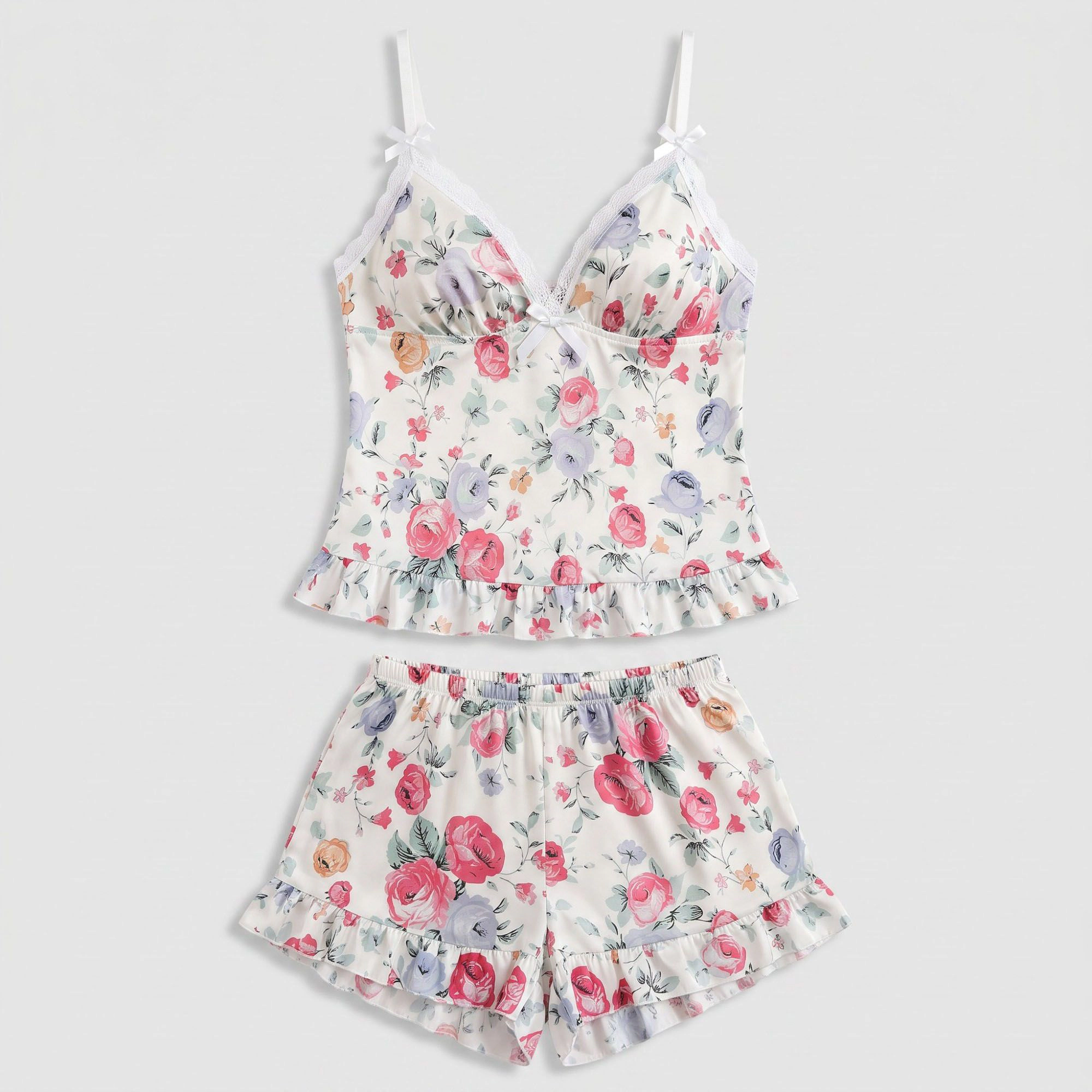 Anna-Kaci Women's Floral Satin Ruffle Cami and Shorts Lingerie Set