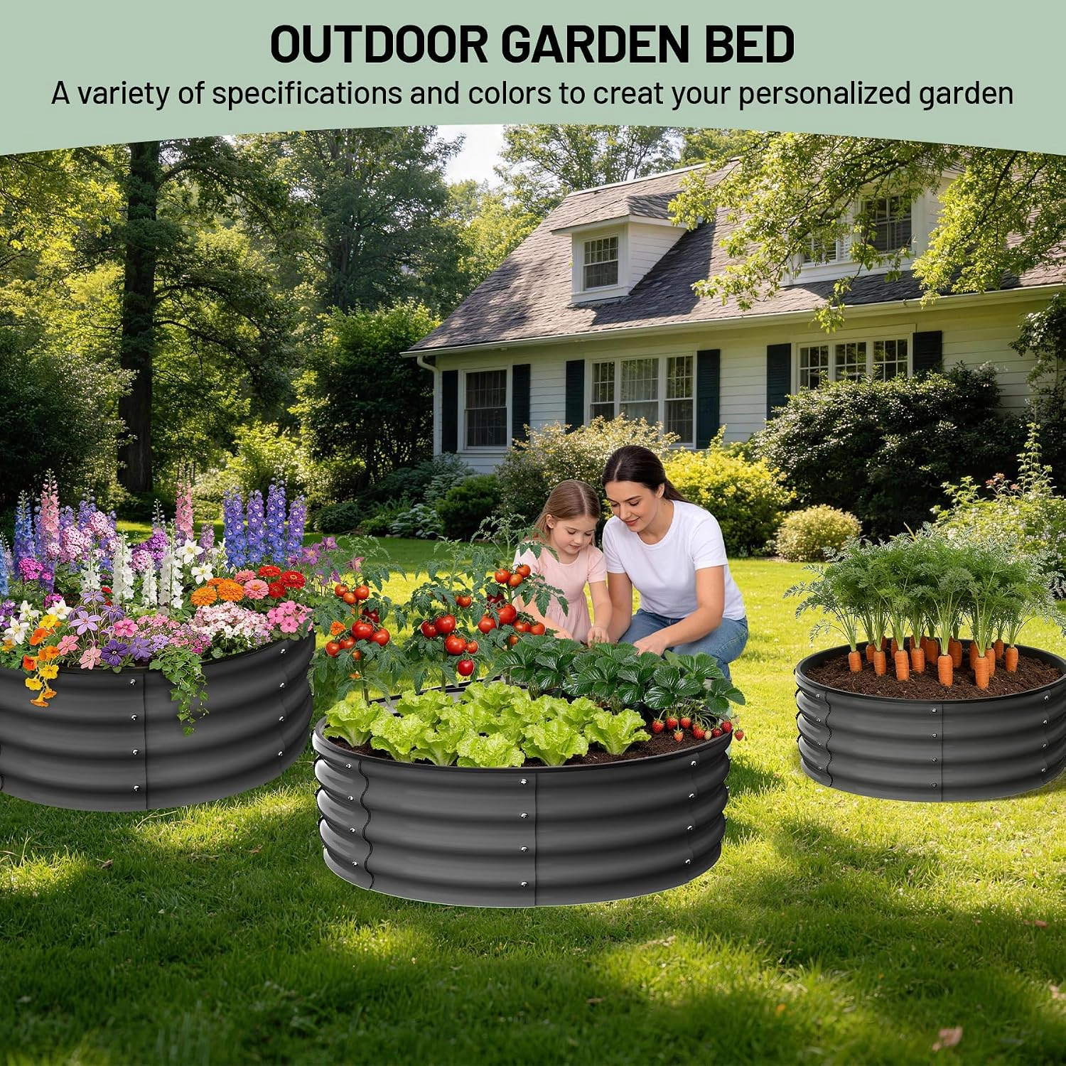Set of 2 Raised Garden Beds 2x1 ft, Galvanized Steel, Open Bottom for Drainage, Outdoor for Vegetables Flowers Herbs