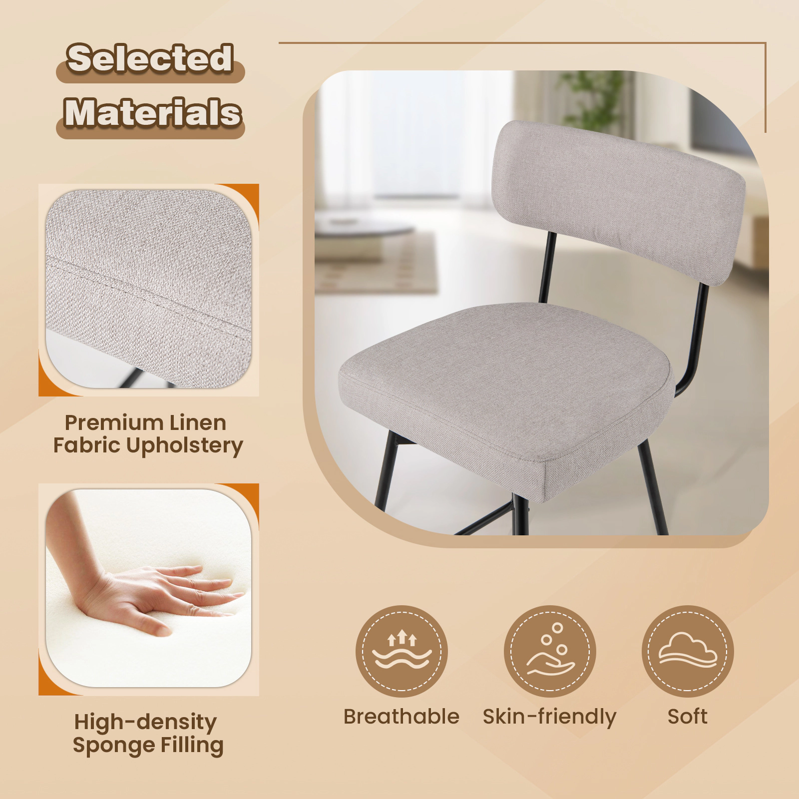 SUGIFT 25-in Seat-Height 2-Piece Modern Upholstered Bar Stools with 250-lb Capacity Back and Footrests Beige