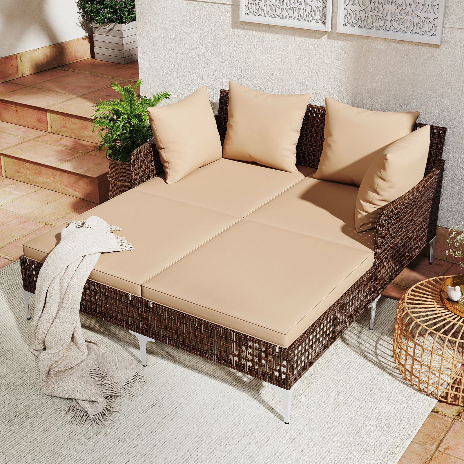 SUGIFT Outdoor Rattan Double Daybed for 2, Brown, with Cushions and Metal Frame