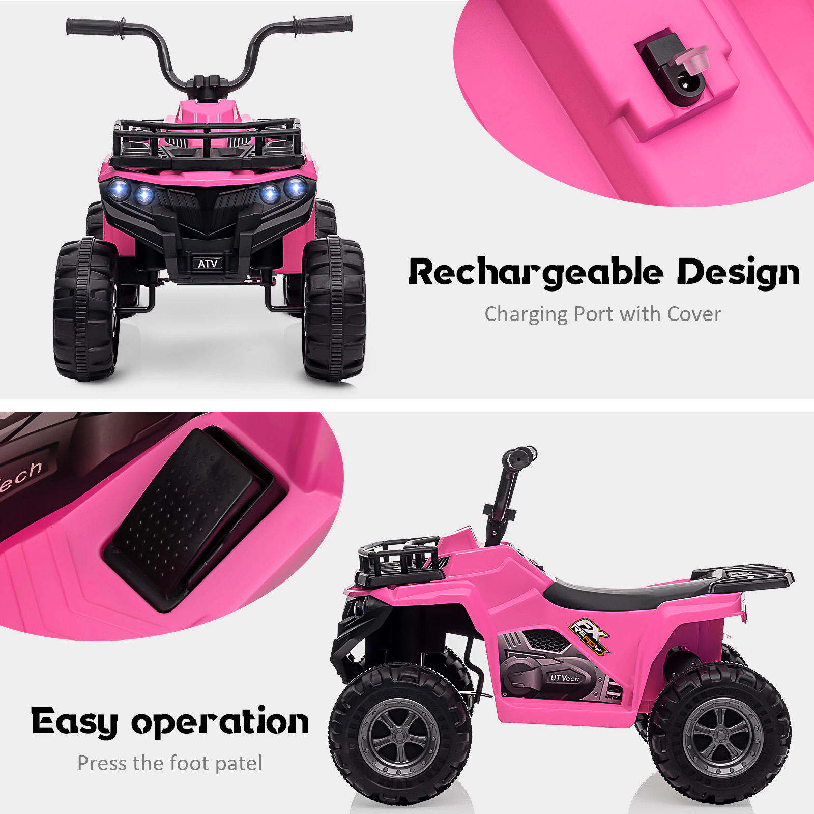 12V Kids Ride On ATV Quad, Electric 4-Wheeler w/Rechargeable Battery, Treaded Tires, Ergonomic Seat, for Ages 3-5