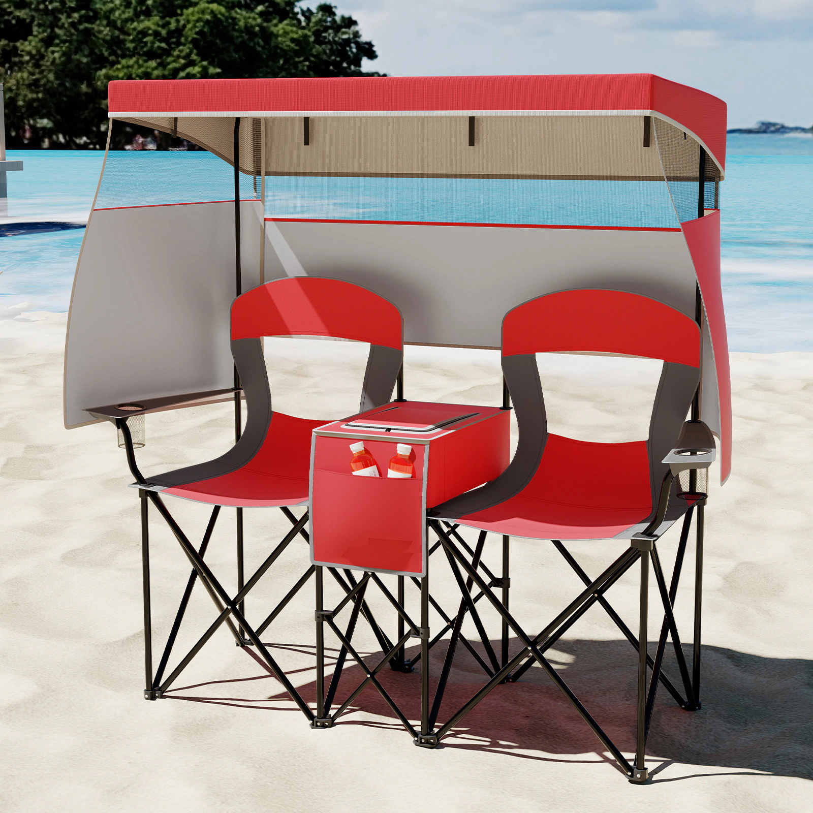 SUGIFT 2-Seat Double Beach Chair with UPF50 Canopy, Curtains and Cooler