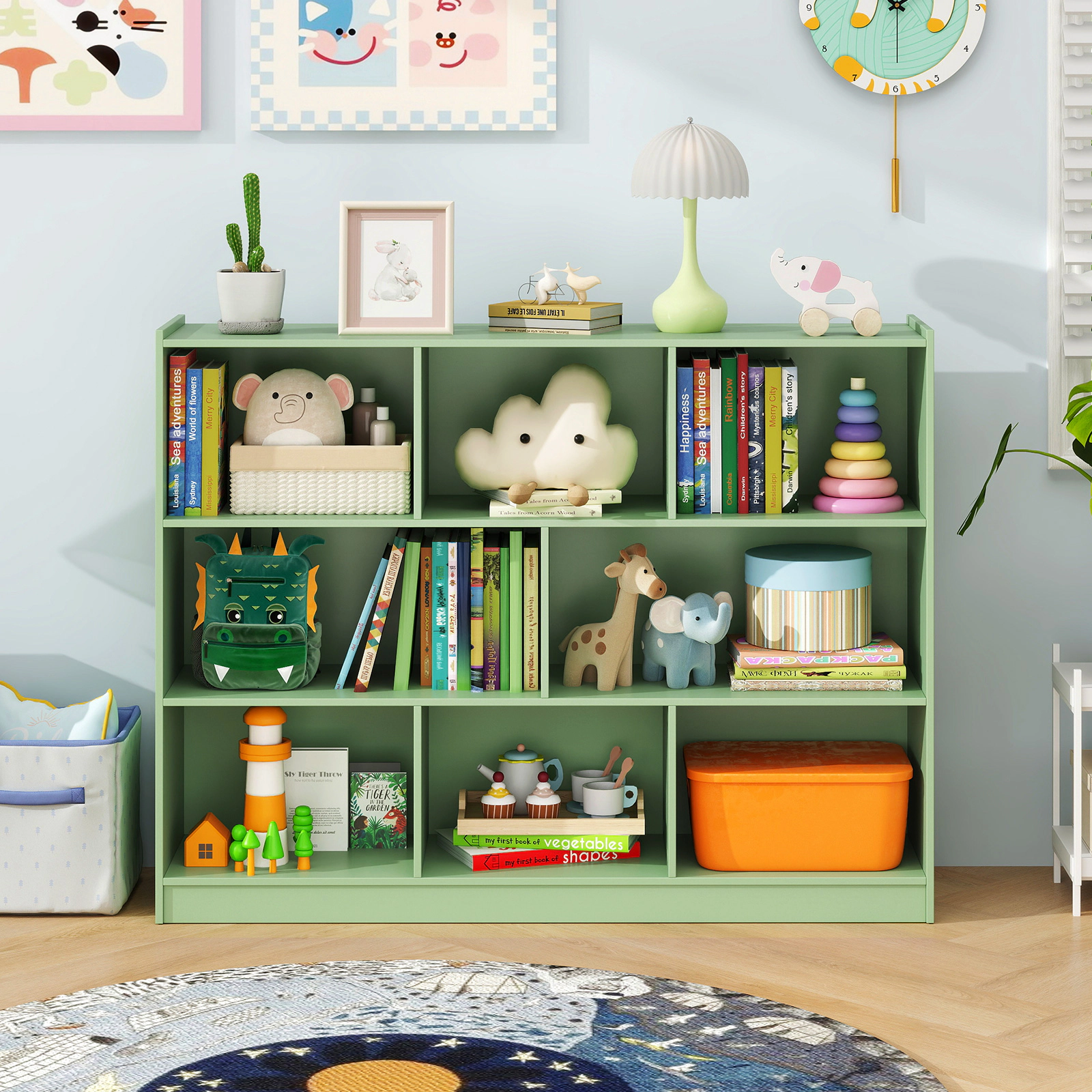SUGIFT 3-Tier Open Bookcase with 8 Cubes and 132-lb Cabinet Top
