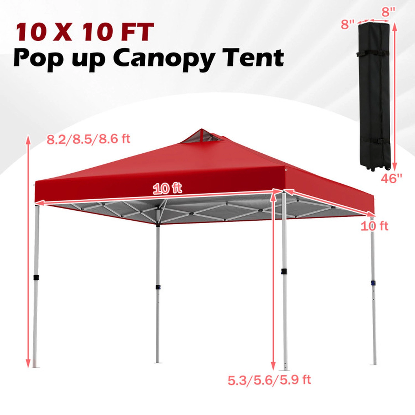 SUGIFT Red 10-ft by 10-ft 3-Level Silver-Coated 210D Oxford Pop Up Canopy Tent with Wheeled Roller Bag