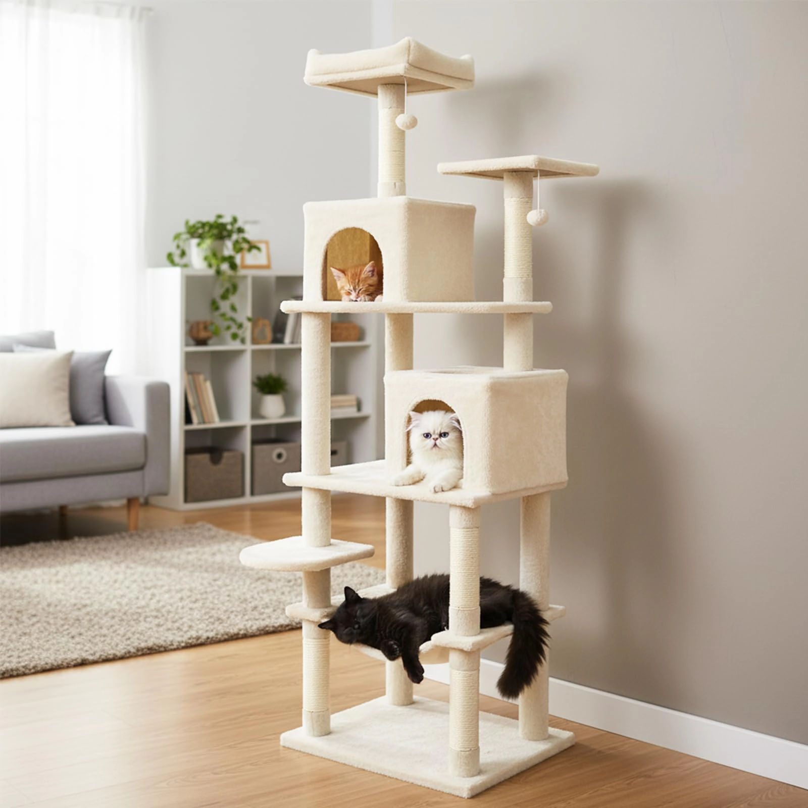 Glintex 58-Inch Cat Tower with 2 Wide-Entrance Condos Basket and Hammock