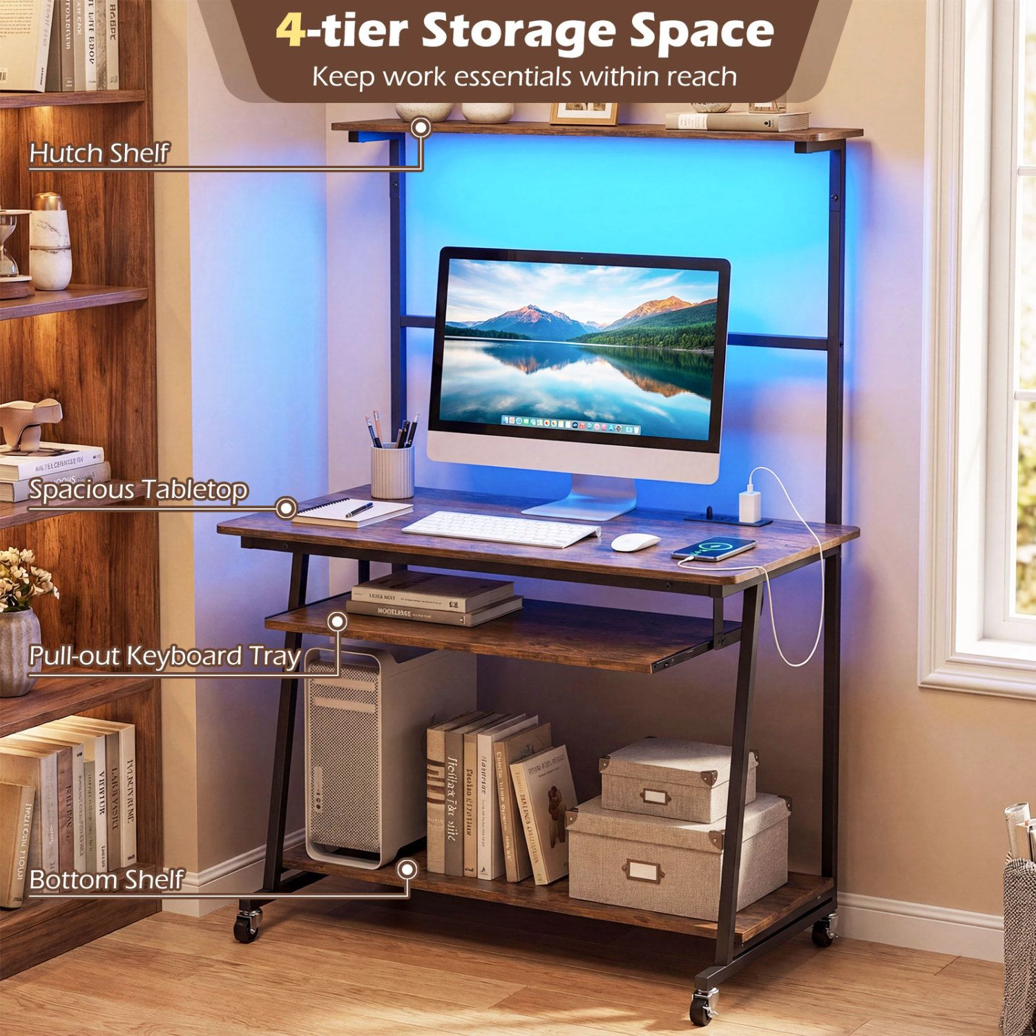 SlickBlue Rolling Office Desk with Keyboard Tray, Storage and LED Lights
