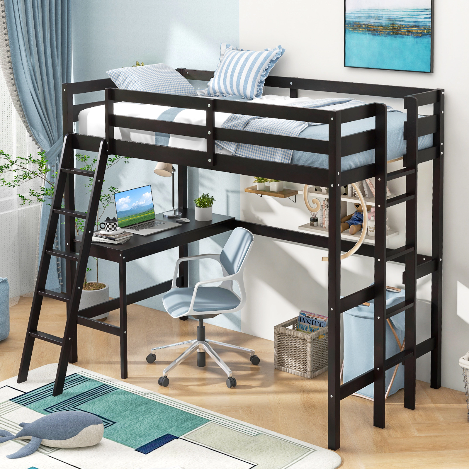 SUGIFT Espresso Angled Desk and Built-in Ladder Twin Teens Loft Bed Frame