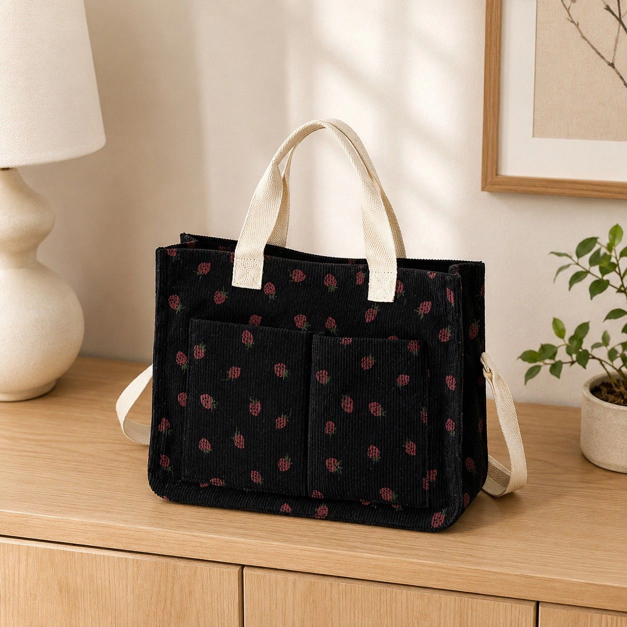 Alilang Women's Canvas Strawberry Print Tote Bag with Shoulder Strap and Side Pockets, Pink