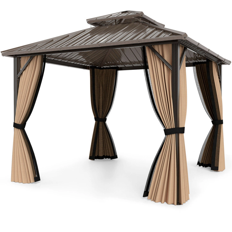 Hivvago Hardtop Gazebo with Netting and Curtain and Double-Roof Galvanized Metal Top