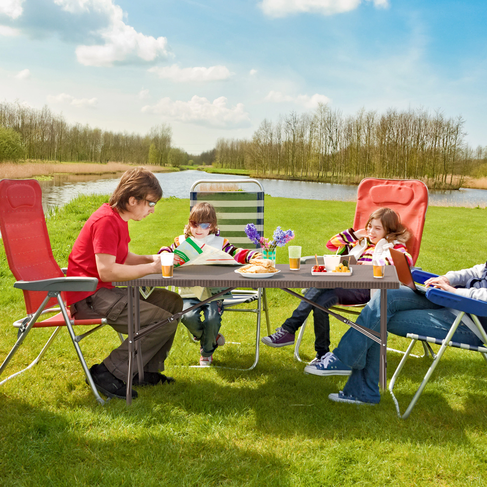 SUGIFT 5 ft Folding Picnic Table Coffee with Rattan Grain HDPE Top and Metal Frame