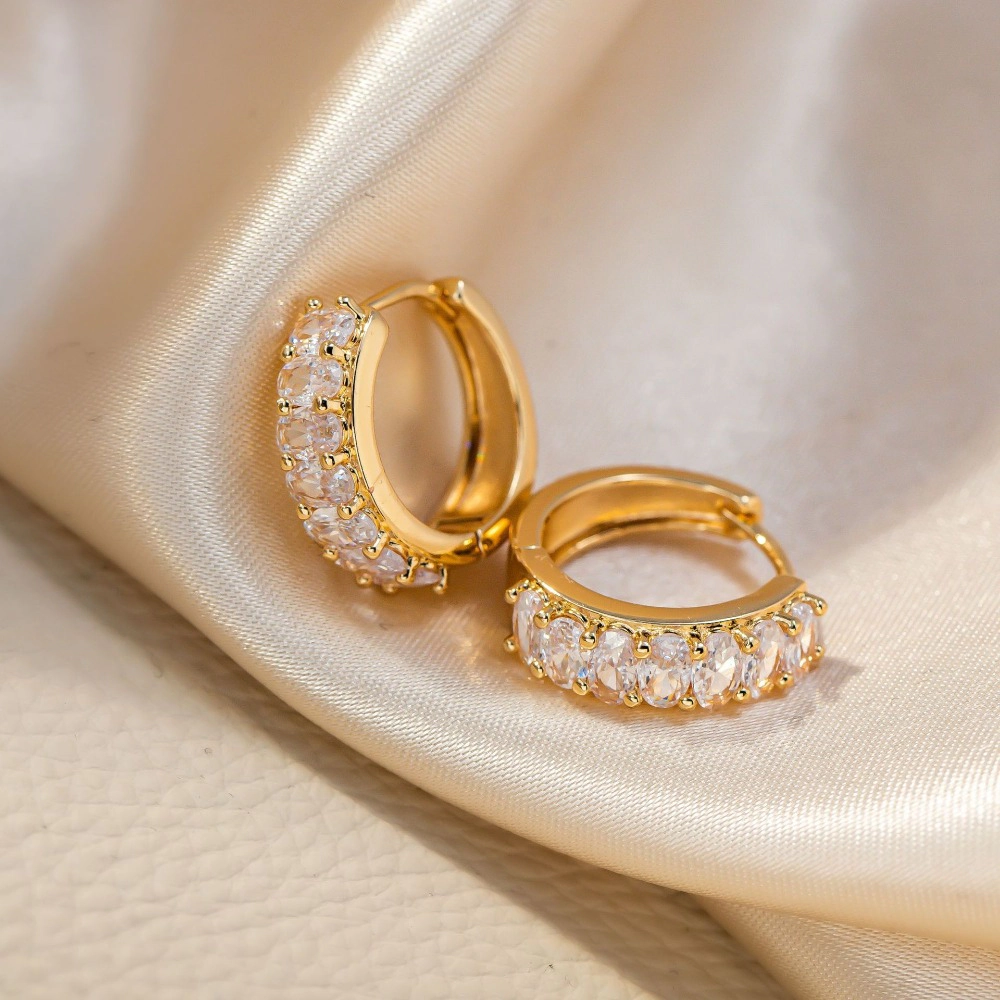 Oval Cubic Zirconia Pave Huggie Hoop Earring
