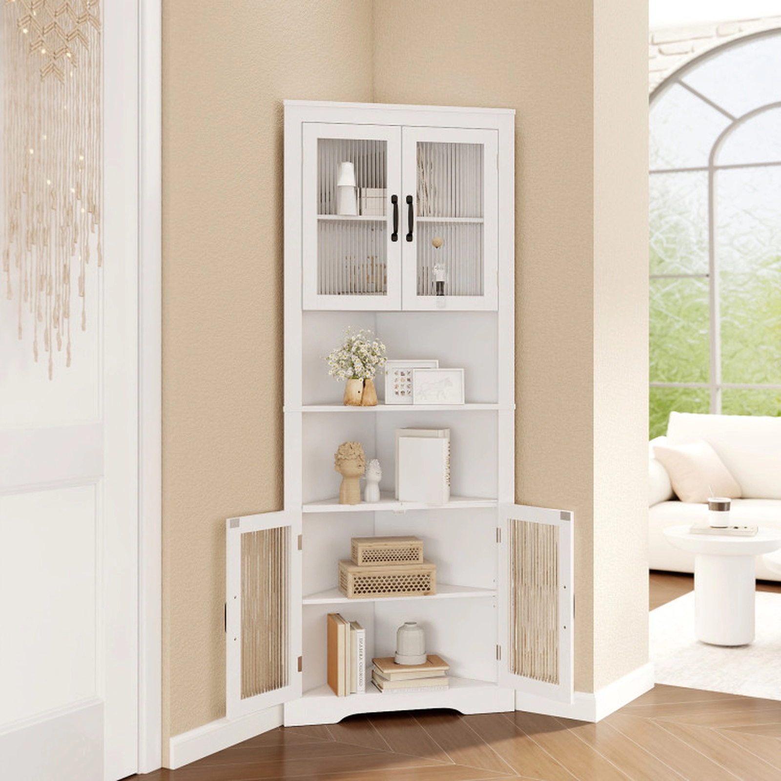 SUGIFT 67-in Tall Corner Buffet Cabinet with Tempered Glass Doors 132-lb Capacity White