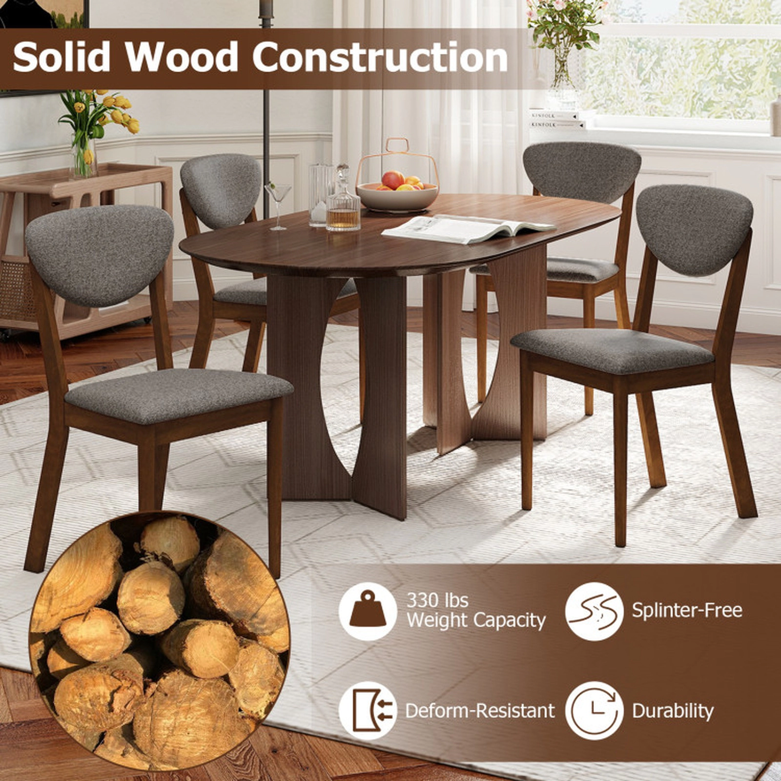 SUGIFT Wide Padded Seat Wooden Dining Chairs Set of 4 330-lb Capacity 18.5-in Seat Height Coffee and Gray