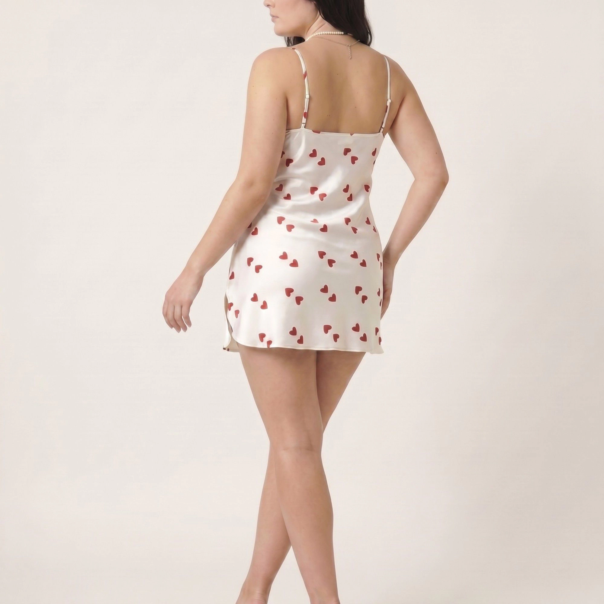 Anna-Kaci Women's Plus Heart Print Satin-Like Cami Nightgown with Slim Straps V-Neckline and Relaxed Mini Fit
