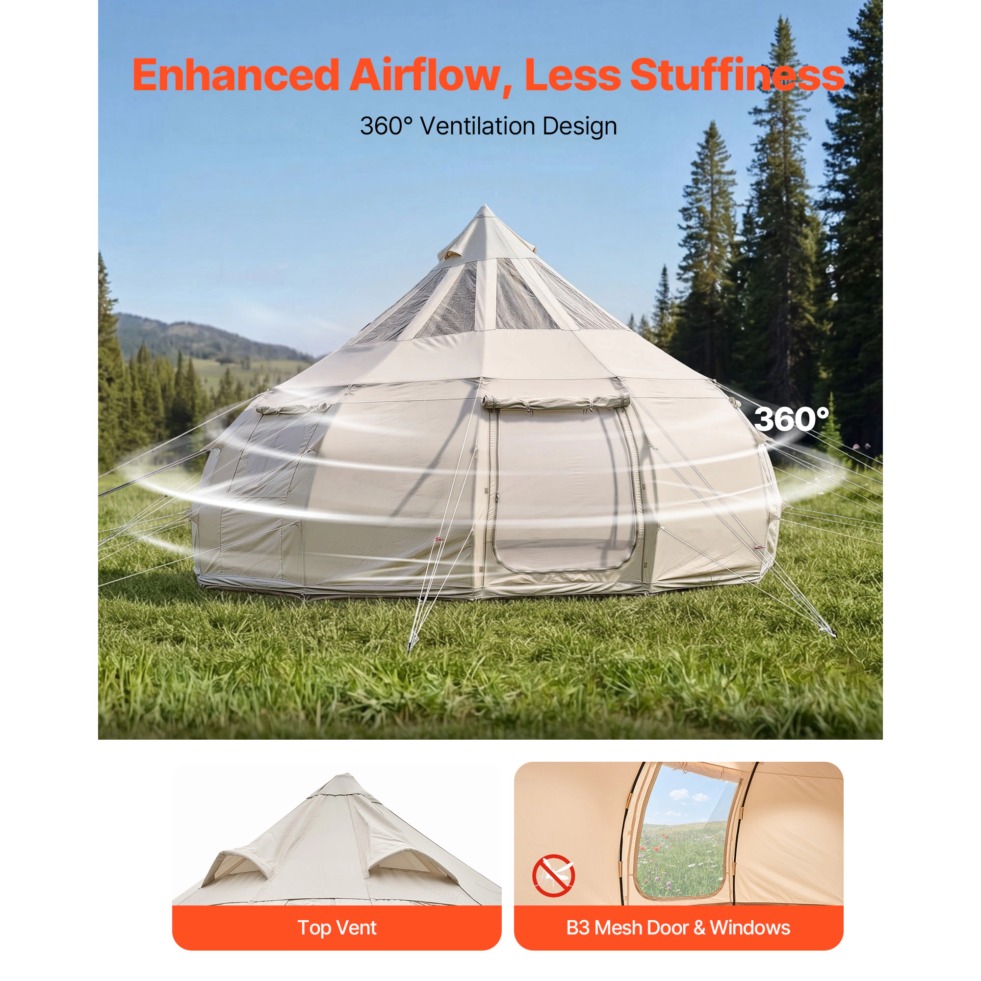 HONGGE Canvas Bell Tent 4 Seasons Yurt Tent for Camping with Stove Jack Canvas Breathable Holds with Zipped Detachable