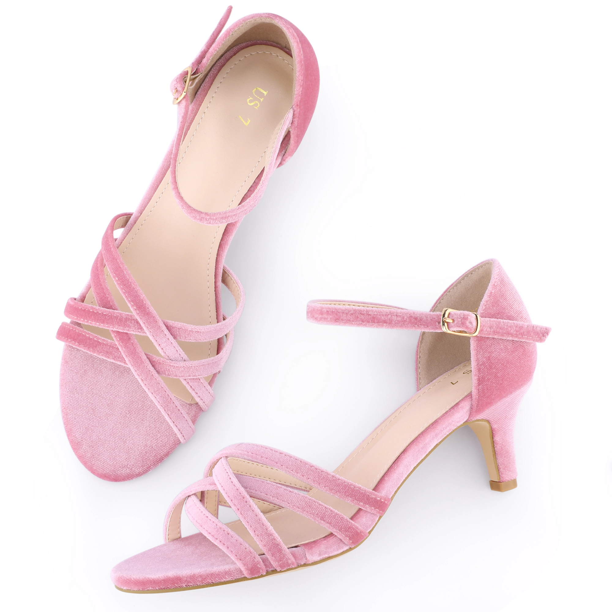 BLISSFUL STEP Women's Velvet Strappy Open Toe Kitten Heels Dance Sandals