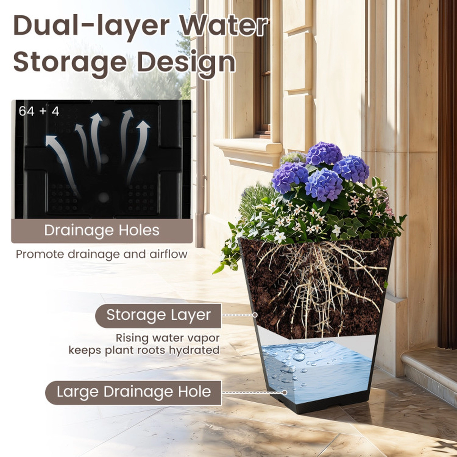 SUGIFT Set of 2 Square Taper Planters with Removable Inner Buckets 14-in Tall Self-Watering Brown