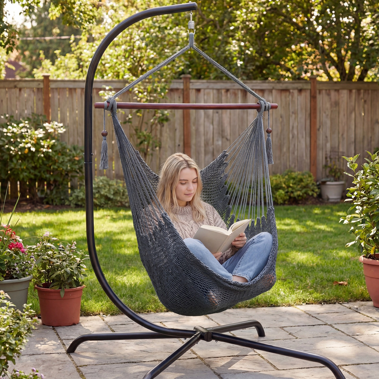 SUGIFT Caribbean Hammock Chair Gray with Metal Spreader Bar and Woven Rope Seat