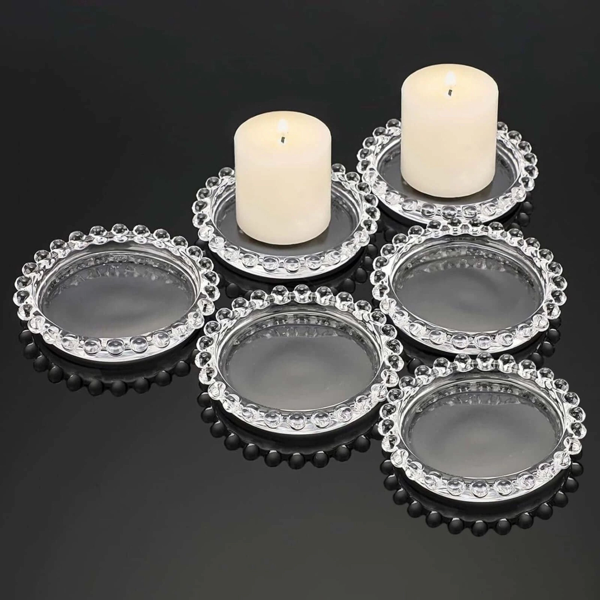 Home Collection Clear Glass Beaded Rim Candle Holder Plates Pack of 6