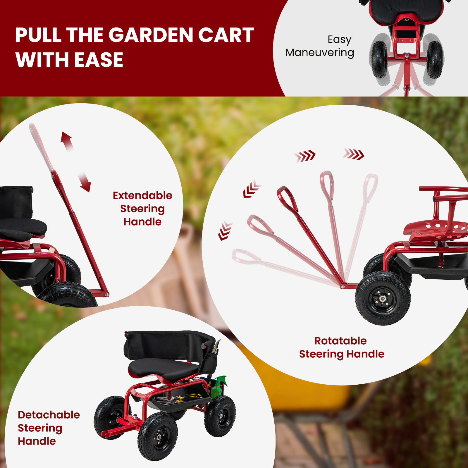 SUGIFT Rolling Garden Cart Scooter with Cushioned Seat and Adjustable Steering Handle