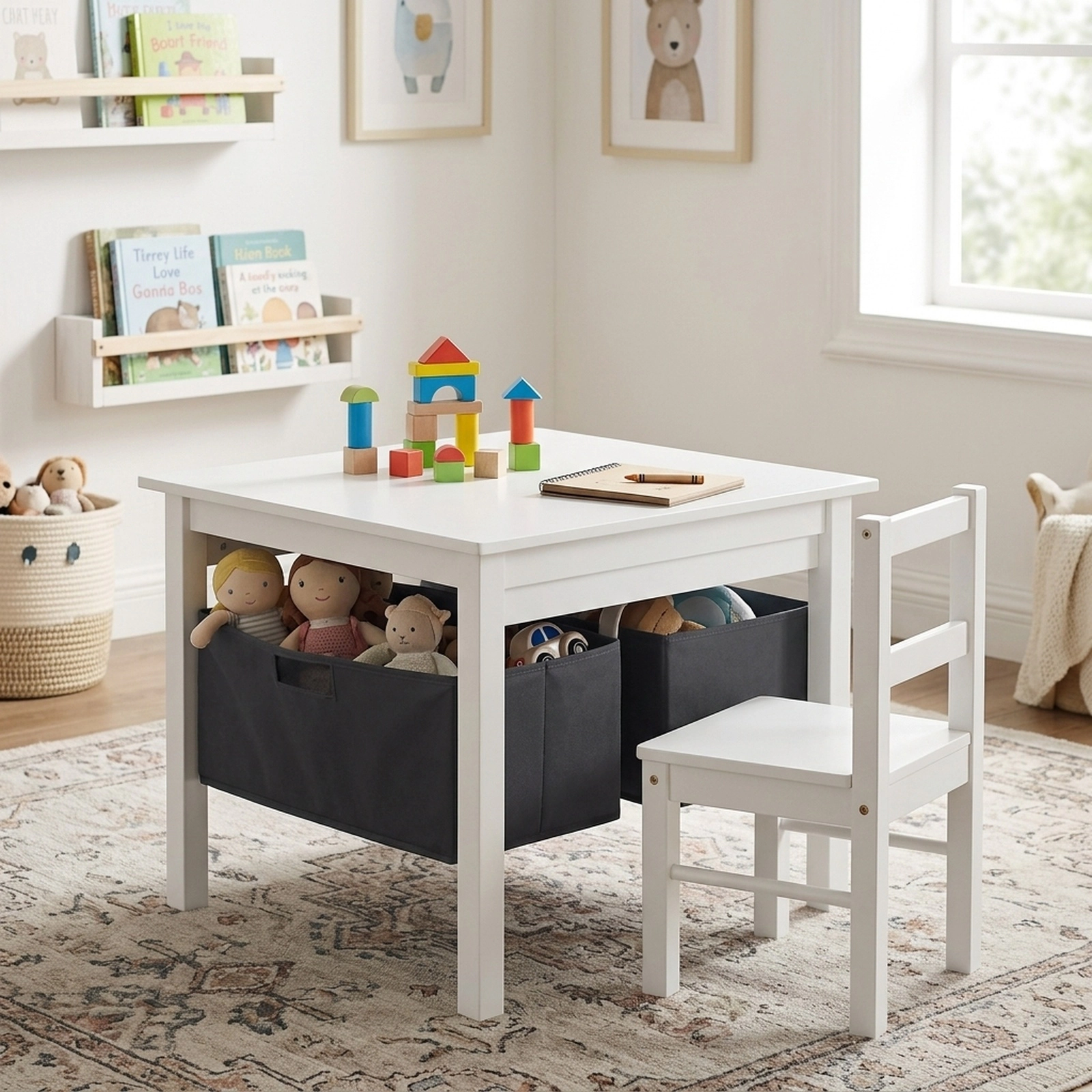 SUGIFT 2-in-1 Kids Activity Table and 2 Chairs, Reversible Top, Brick Baseplate, Storage Drawers, White